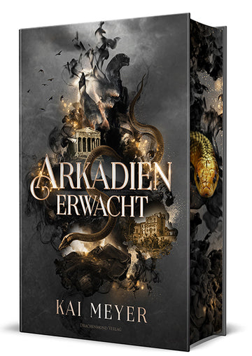 Das Cover zeigt mittig den Titel in Weiß, dahinter sind verschiedene Elemente umgeben von schwarzen Rauchschwaden angedeutet: Sizilianische Gebäude, eine Schlange, Berge, goldene Leuchtpunkte. Das Cover ist dunkel gehalten, die Grundfarbe ist Dunkelgrau. Den Farbschnitt ziert ein Schlangenkopf.